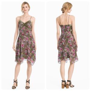 White House Black Market Olive Green Floral Velvet Trim Sleeveless Dress